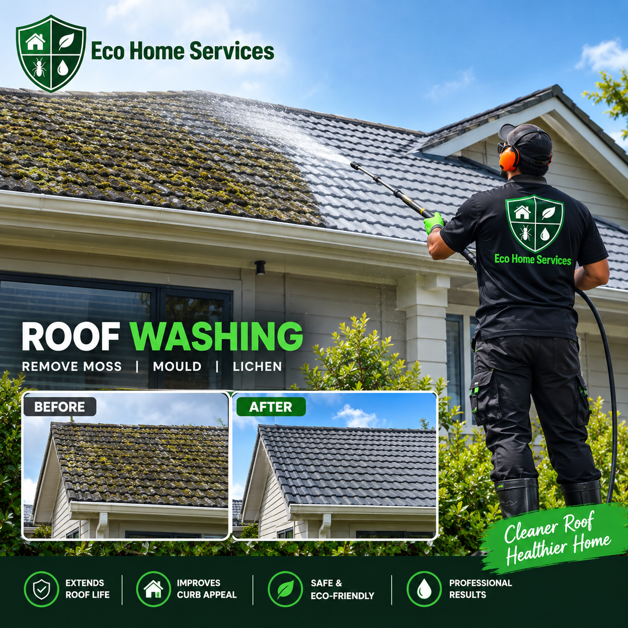 Professional roof washing and moss treatment underway on a residential Auckland home