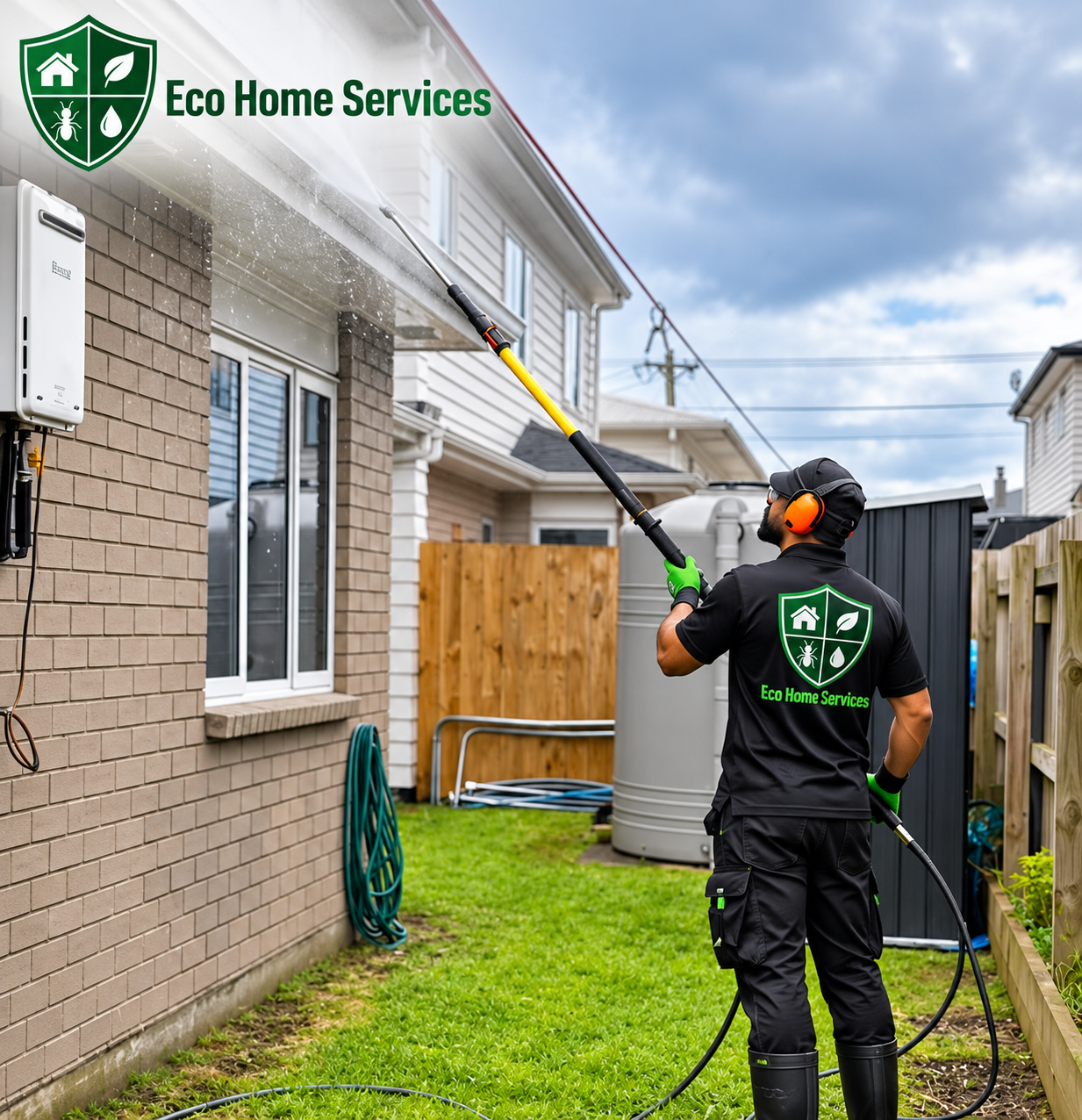 Professional technician applying gentle soft wash treatment to an Auckland home exterior