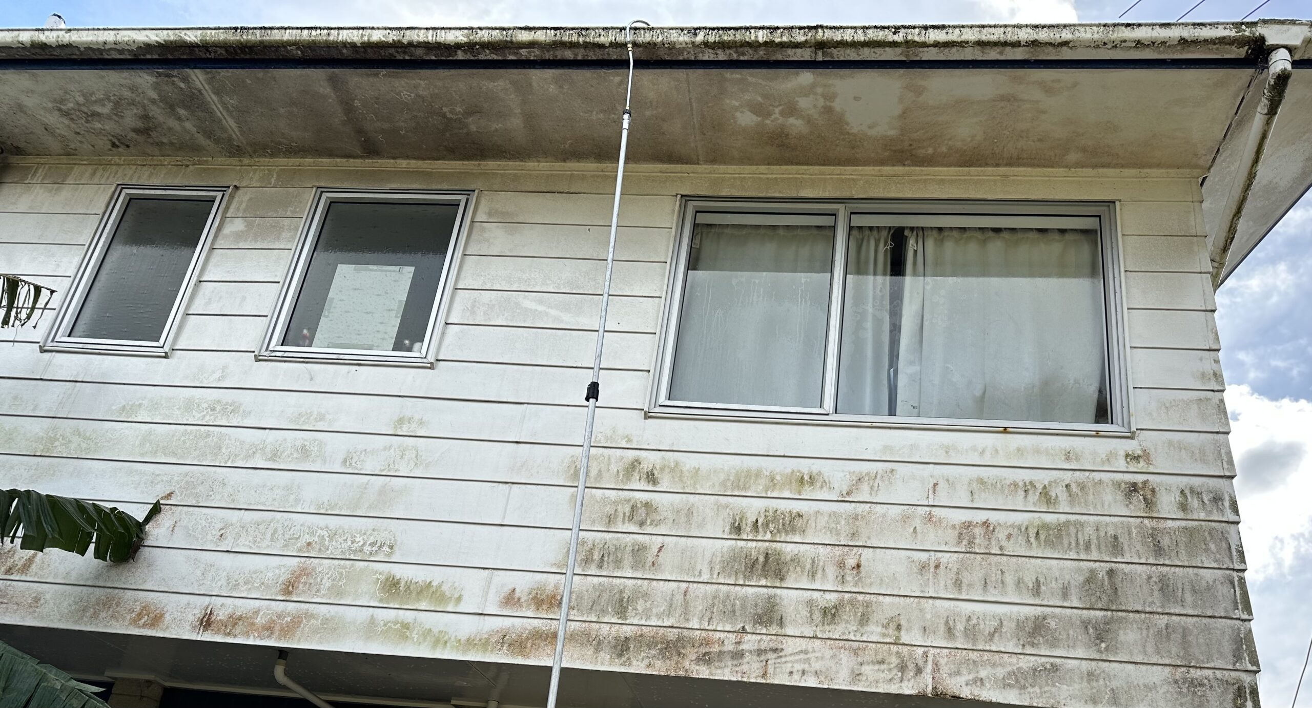 House exterior with weatherboard cladding before soft wash cleaning