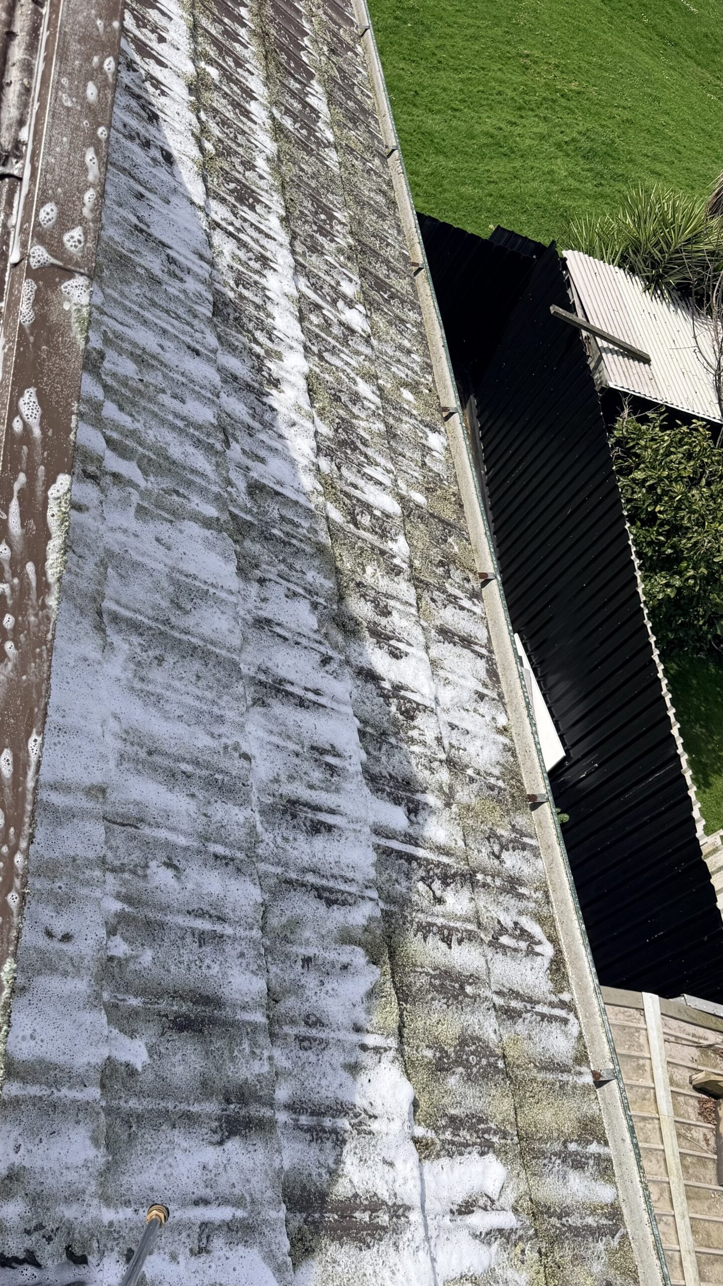 Chemical and foam moss and lichen treatment being applied to remove moss and lichen from a tiled roof