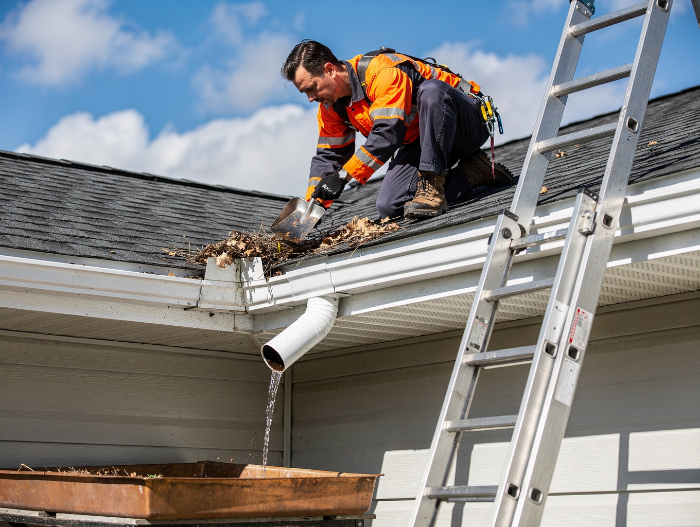 Technician in safety harness clearing leaves and debris from residential roof gutters in Auckland