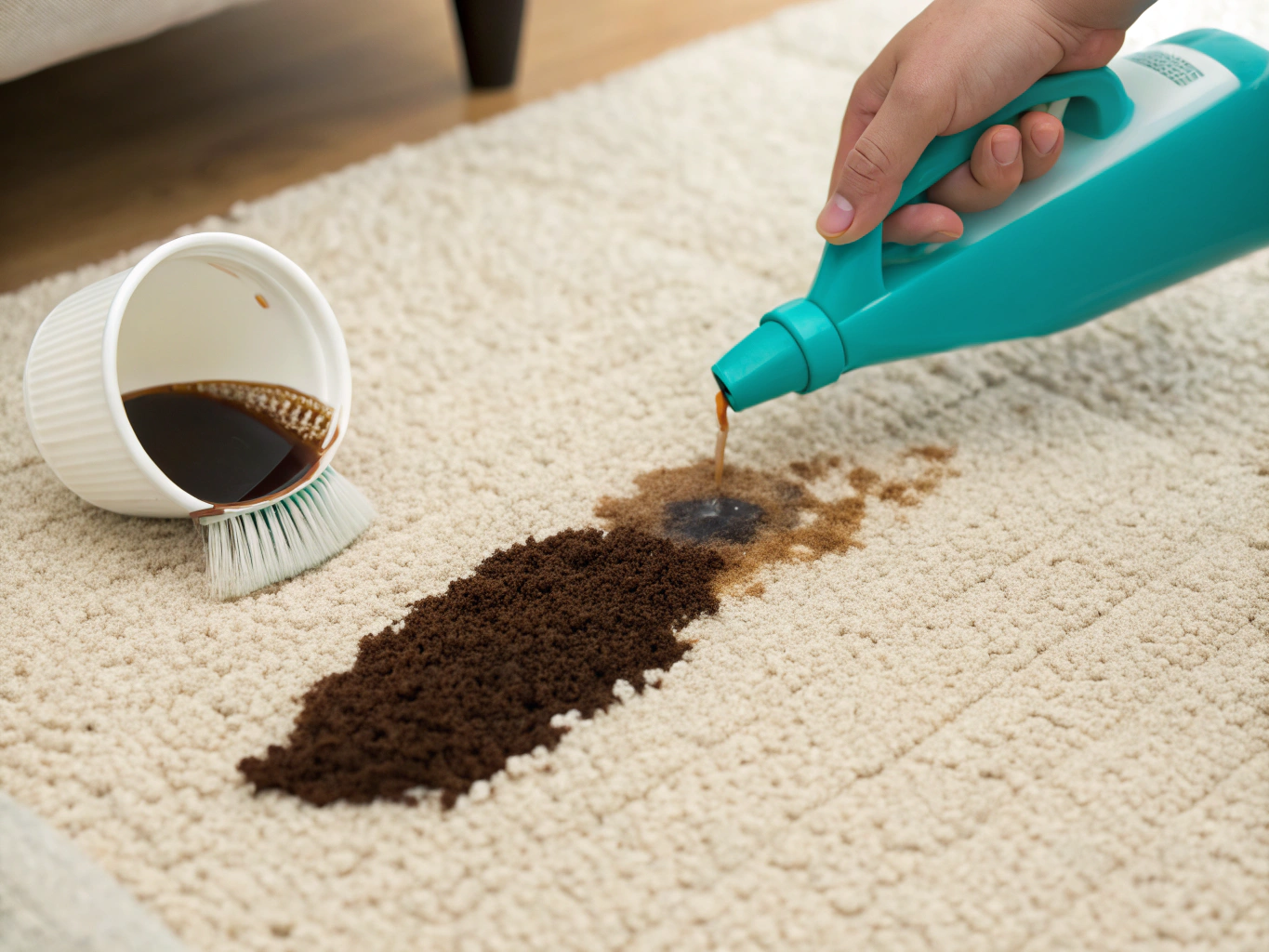 Detailed spot treatment applied to high-traffic living room carpet