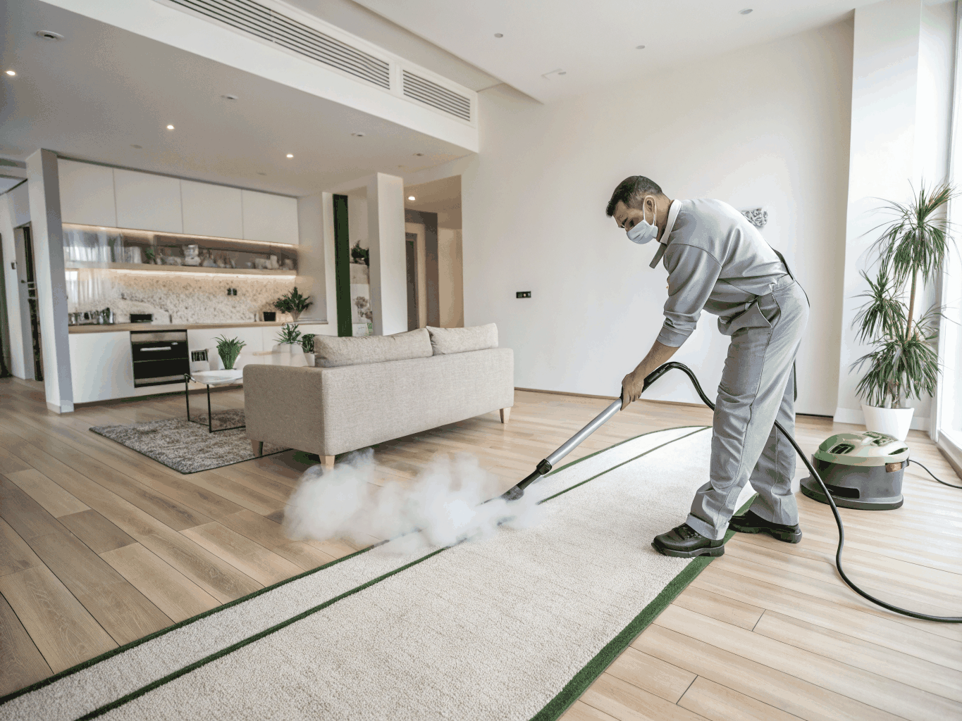 Steam cleaning wand performing hot water extraction on a plush living room carpet