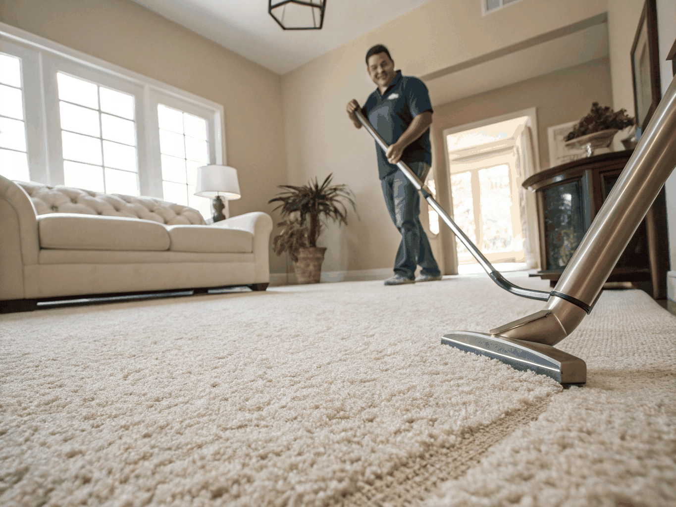 Deep steam carpet extraction machine in a bright living room