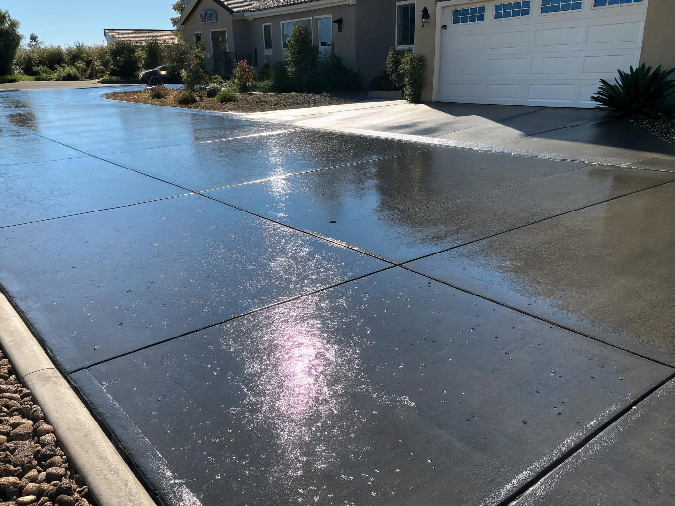 Pristine clear concrete driveway in Remuera after eco-wash treatment
