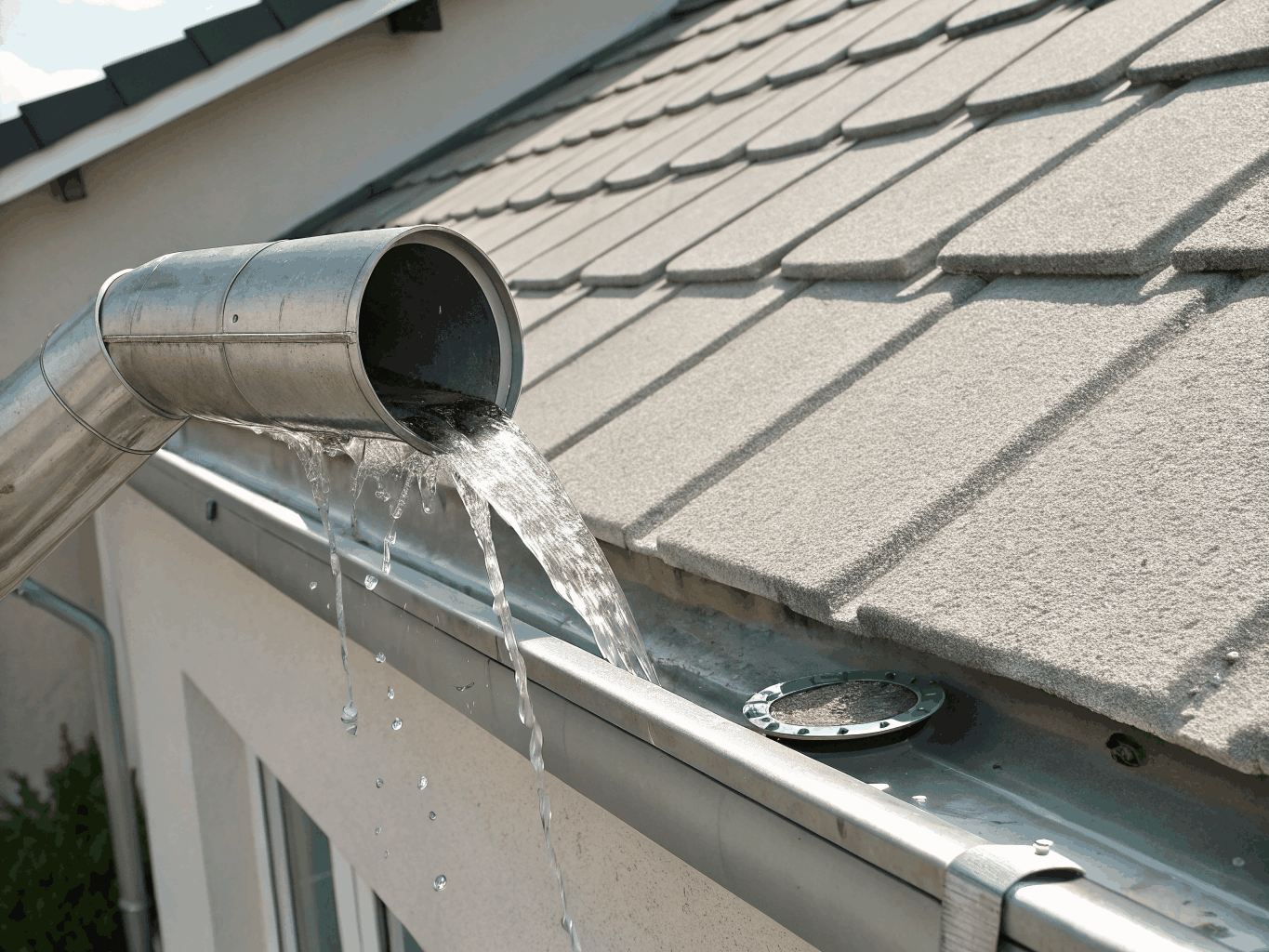 Clean water flushing down a residential downpipe to ensure proper stormwater drainage