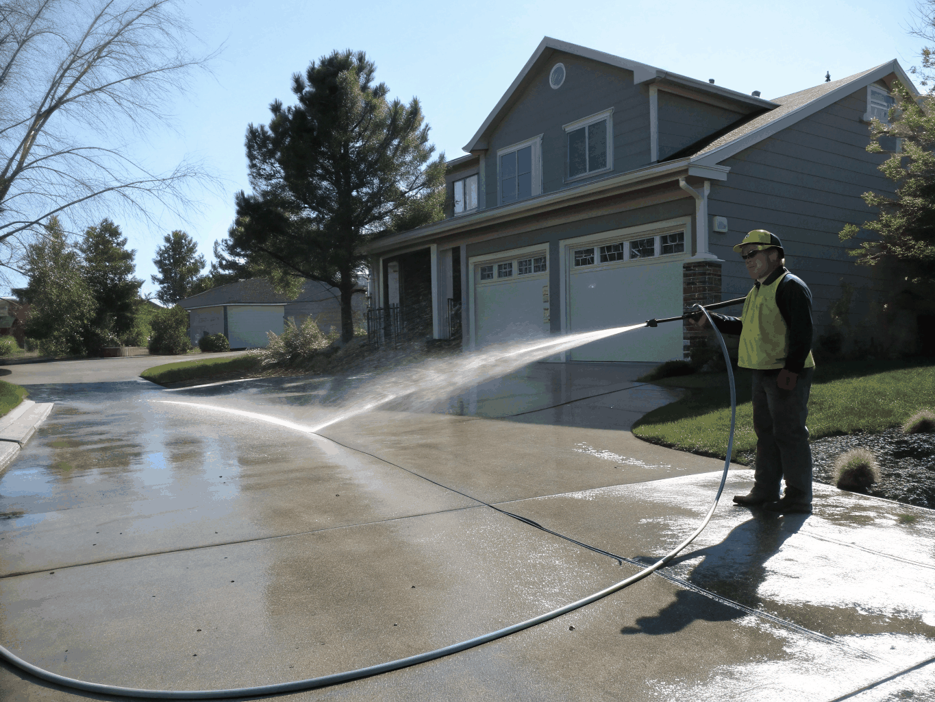 Rotary surface cleaner washing an Auckland concrete driveway with a distinct before and after line