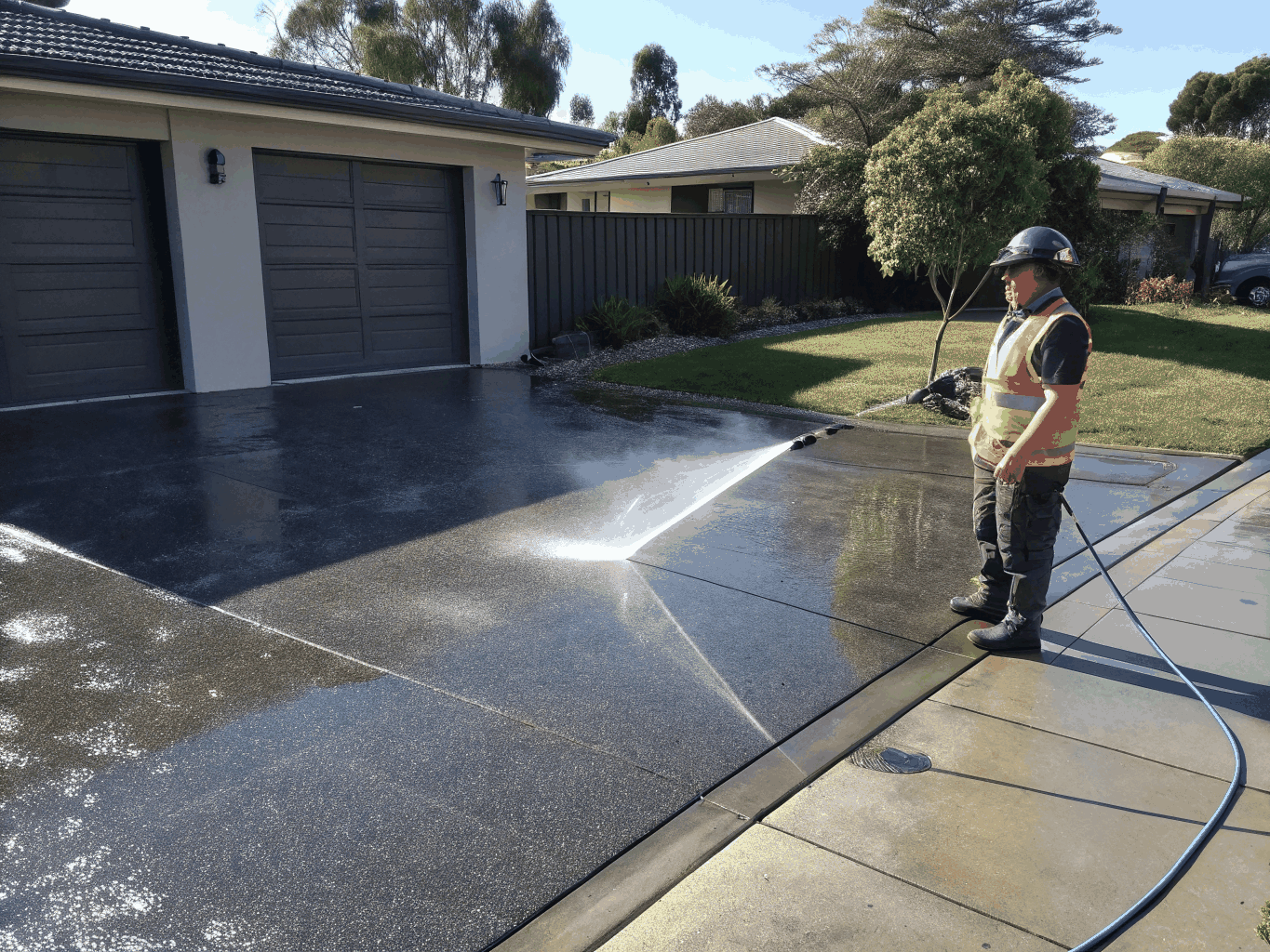 Pressure cleaning a concrete driveway with a surface cleaner