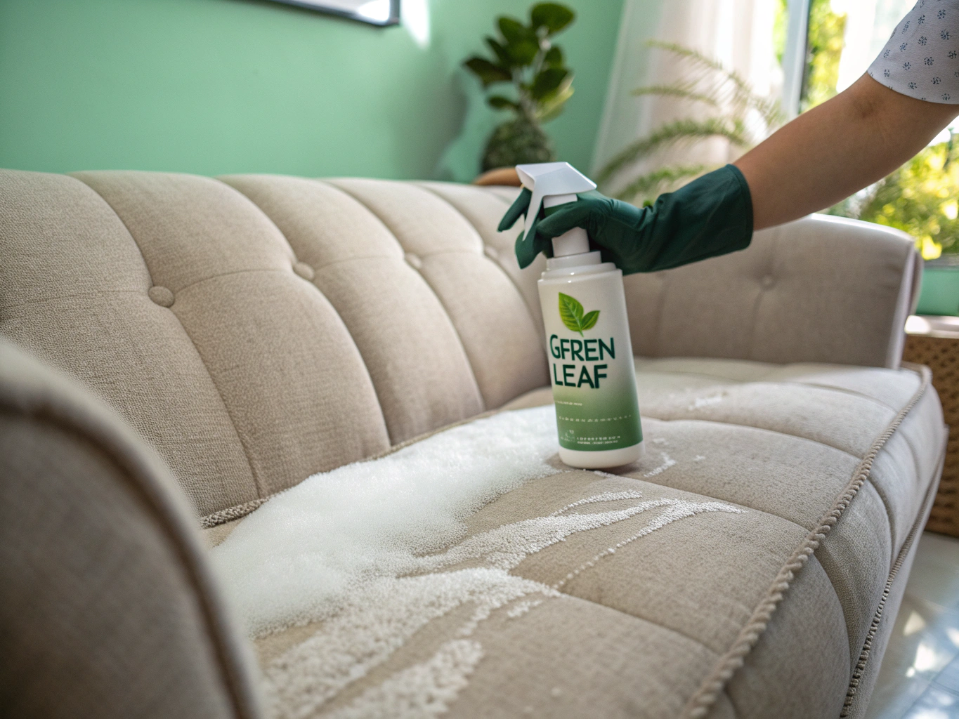 Protective stain shield coating misted gently over sofa upholstery