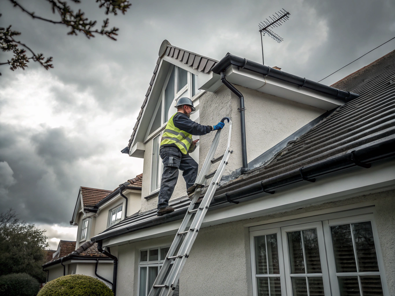 Technician removing compacted leaves and mud from a residential roof gutter in Auckland