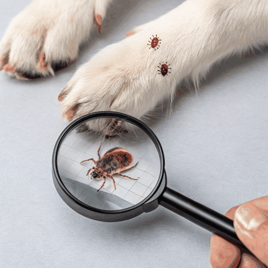 Close-up macro photo of a single flea on pet fur