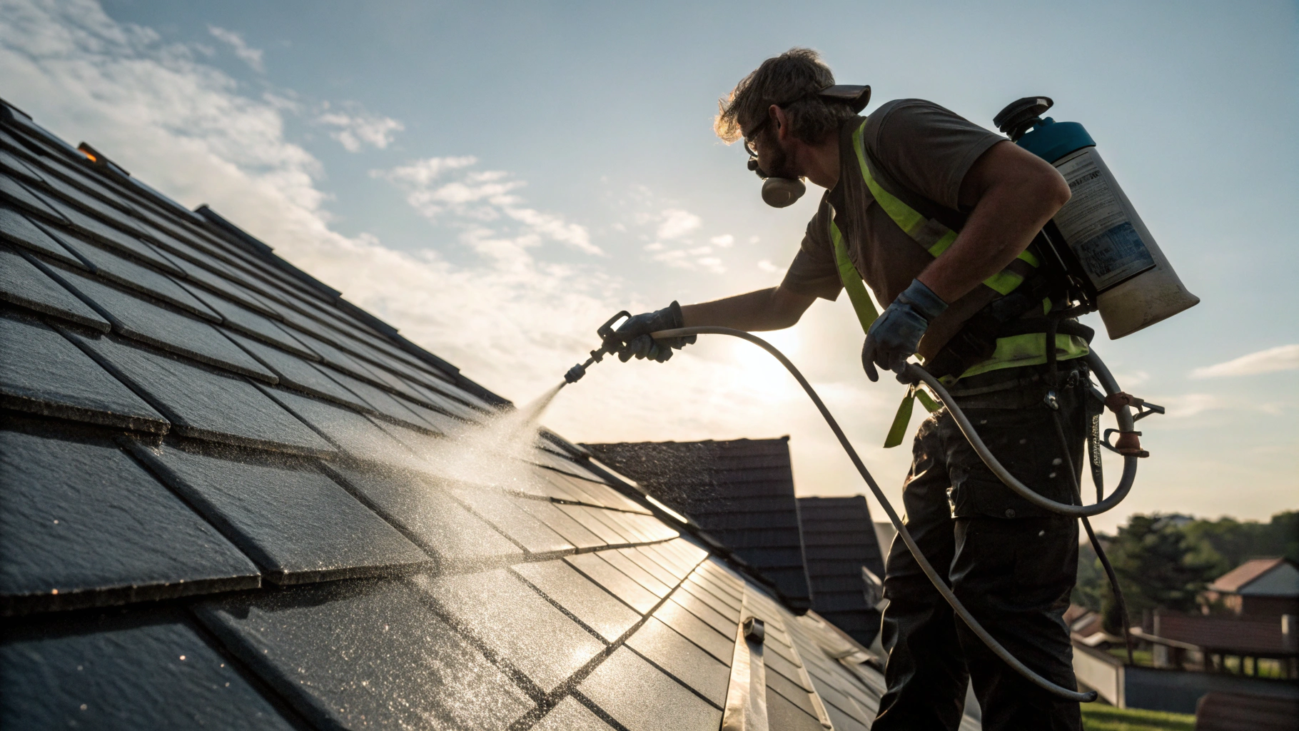 Technician painting residential roof in professional charcoal finish colour in Auckland