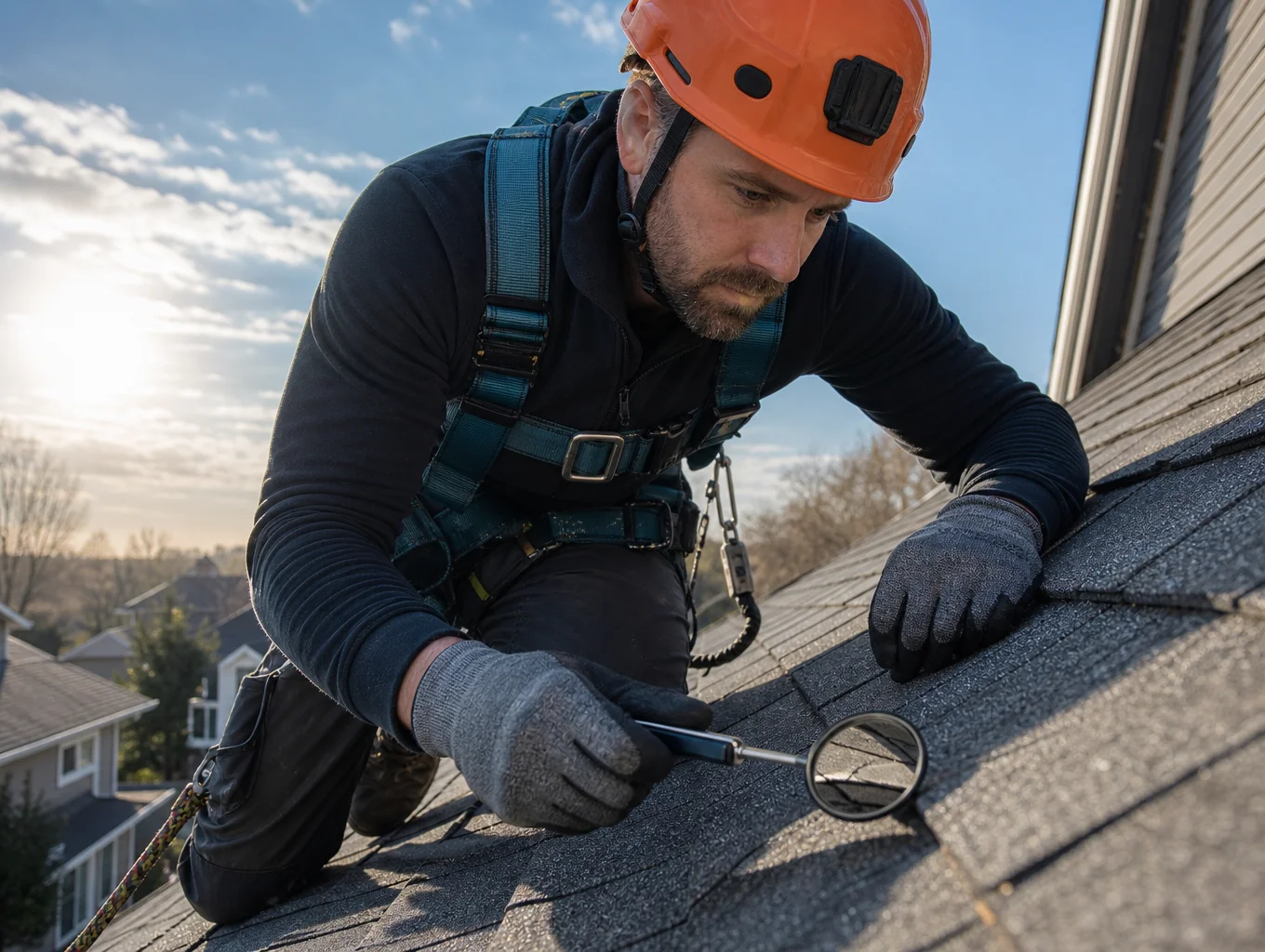 Technician inspecting roof tiles for cracks and damage during a gutter cleaning visit.