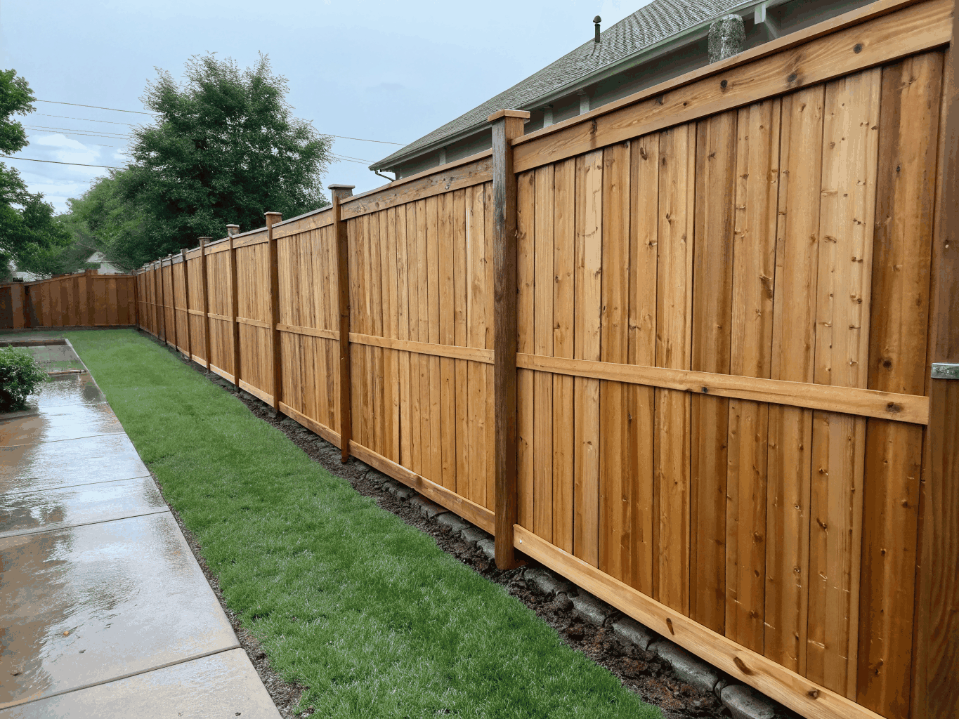 Wooden fence restored to clean honey-brown color after professional cleaning